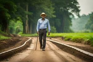 a velho homem caminhando baixa uma sujeira estrada. gerado por IA foto