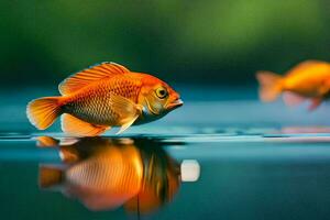 dois peixe natação dentro a água com uma verde fundo. gerado por IA foto