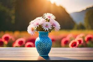 uma vaso com flores em uma mesa dentro frente do uma campo. gerado por IA foto