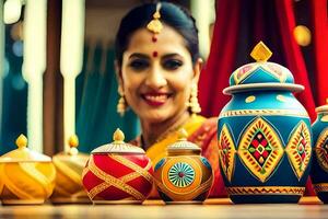 uma mulher dentro tradicional indiano vestir é sorridente às a Câmera. gerado por IA foto