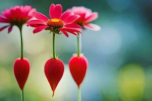 três vermelho flores estão em pé em topo do cada outro. gerado por IA foto