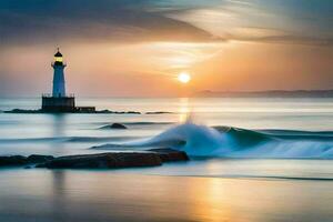 uma farol é visto dentro a distância Como a Sol conjuntos. gerado por IA foto