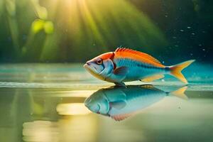 uma peixe é em pé dentro a água com a Sol brilhando. gerado por IA foto