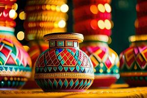 colorida vasos em uma mesa com luzes. gerado por IA foto