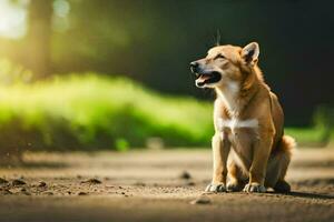 uma cachorro sentado em a estrada com Está boca abrir. gerado por IA foto