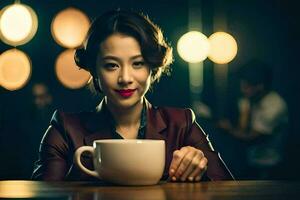 uma mulher segurando uma café copo dentro frente do uma mesa. gerado por IA foto