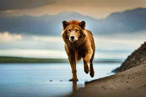 uma leão caminhando ao longo a costa do uma lago. gerado por IA foto