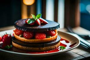 uma chocolate bolo com morangos em topo. gerado por IA foto