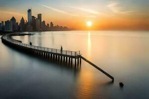 uma cais dentro a meio do uma lago com uma cidade Horizonte dentro a fundo. gerado por IA foto