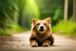 uma cachorro sentado em a estrada dentro a meio do uma floresta. gerado por IA foto