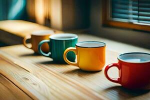 cinco colorida café canecas em uma de madeira mesa. gerado por IA foto