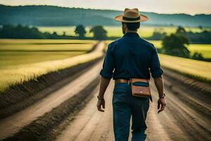uma homem caminhando baixa uma sujeira estrada com uma chapéu e bolsa. gerado por IA foto