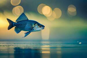 uma peixe é vôo sobre a água às pôr do sol. gerado por IA foto