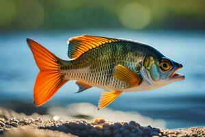 uma peixe é em pé em a areia perto a água. gerado por IA foto