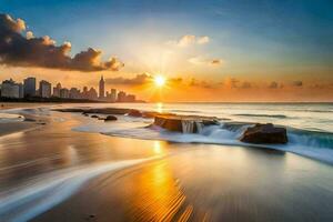 a Sol conjuntos sobre a cidade Horizonte dentro isto foto. gerado por IA foto