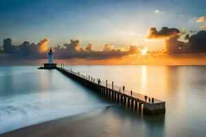 uma grandes exposição fotografia do uma farol às pôr do sol. gerado por IA foto