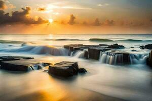 uma lindo pôr do sol sobre a oceano com pedras e água. gerado por IA foto