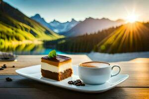 café e sobremesa em uma mesa dentro a montanhas. gerado por IA foto