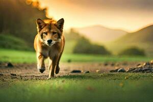 uma cachorro corrida em uma sujeira estrada às pôr do sol. gerado por IA foto