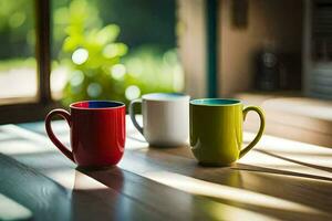 três café canecas sentado em uma mesa. gerado por IA foto