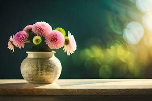 uma vaso com Rosa flores em uma mesa. gerado por IA foto