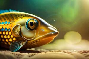 uma peixe com uma brilhante azul e amarelo corpo. gerado por IA foto