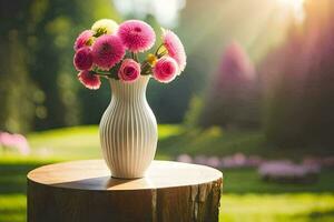 uma vaso do Rosa flores em uma toco dentro a Sol. gerado por IA foto