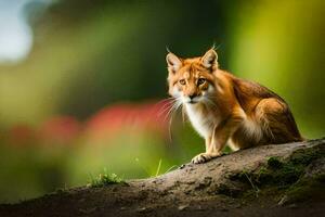 uma lince é sentado em uma Rocha dentro a floresta. gerado por IA foto