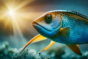 uma peixe com brilhante cores e uma Sol brilhando. gerado por IA foto