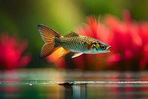 uma peixe é natação dentro a água com vermelho flores gerado por IA foto