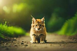 uma lince gato é caminhando em uma sujeira estrada. gerado por IA foto