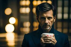 uma homem dentro uma terno segurando uma café copo. gerado por IA foto