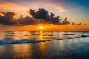 a Sol conjuntos sobre a oceano e ondas. gerado por IA foto