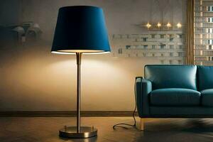 uma azul sofá e luminária dentro uma sala. gerado por IA foto