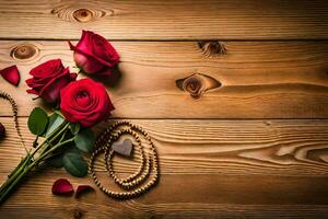 rosas e miçangas em uma de madeira mesa. gerado por IA foto