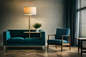 uma vivo quarto com uma azul sofá e cadeira. gerado por IA foto
