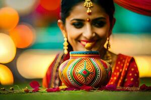 uma lindo mulher dentro tradicional indiano vestuário é segurando uma Panela. gerado por IA foto