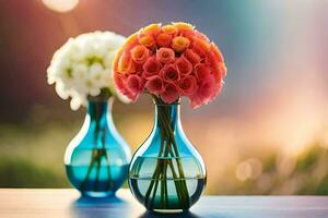 dois vasos com flores dentro eles em uma mesa. gerado por IA foto