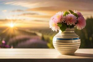 uma vaso com Rosa flores em uma mesa dentro frente do uma pôr do sol. gerado por IA foto