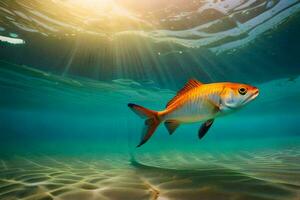 uma peixe natação dentro a oceano com luz solar brilhando através a água. gerado por IA foto