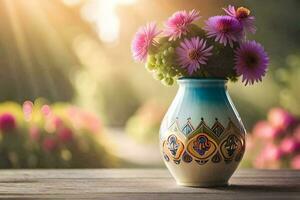 uma vaso com Rosa flores em uma mesa dentro a Sol. gerado por IA foto