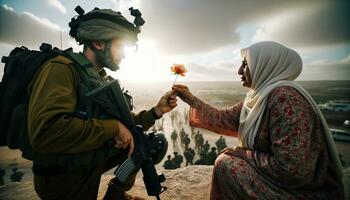 palestino mulher oferta Paz flor para israelense soldado. generativo ai. foto