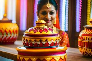 uma mulher dentro tradicional indiano vestir é sorridente às a Câmera. gerado por IA foto