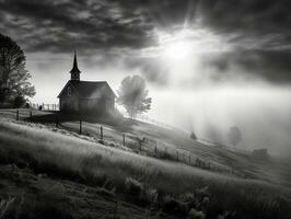 uma pequeno Igreja dentro a campo em uma nebuloso manhã com lindo luz solar dentro frente, Preto e branco foto generativo ai