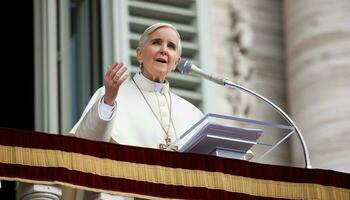 histórico momento fêmea papa eleito em Vaticano sacada. generativo ai. foto