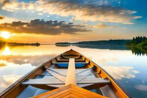 uma barco é flutuando em uma calma lago às pôr do sol. gerado por IA foto