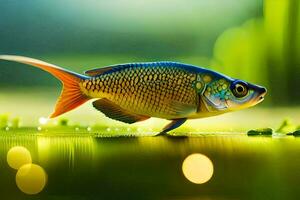 uma peixe é em pé em a água com grama. gerado por IA foto