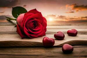 vermelho rosa em uma de madeira mesa com corações gerado por IA foto