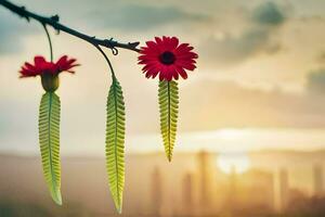 dois vermelho flores suspensão a partir de uma ramo com uma pôr do sol dentro a fundo. gerado por IA foto