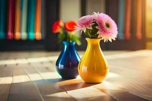 dois colorida vasos com flores em uma de madeira chão. gerado por IA foto